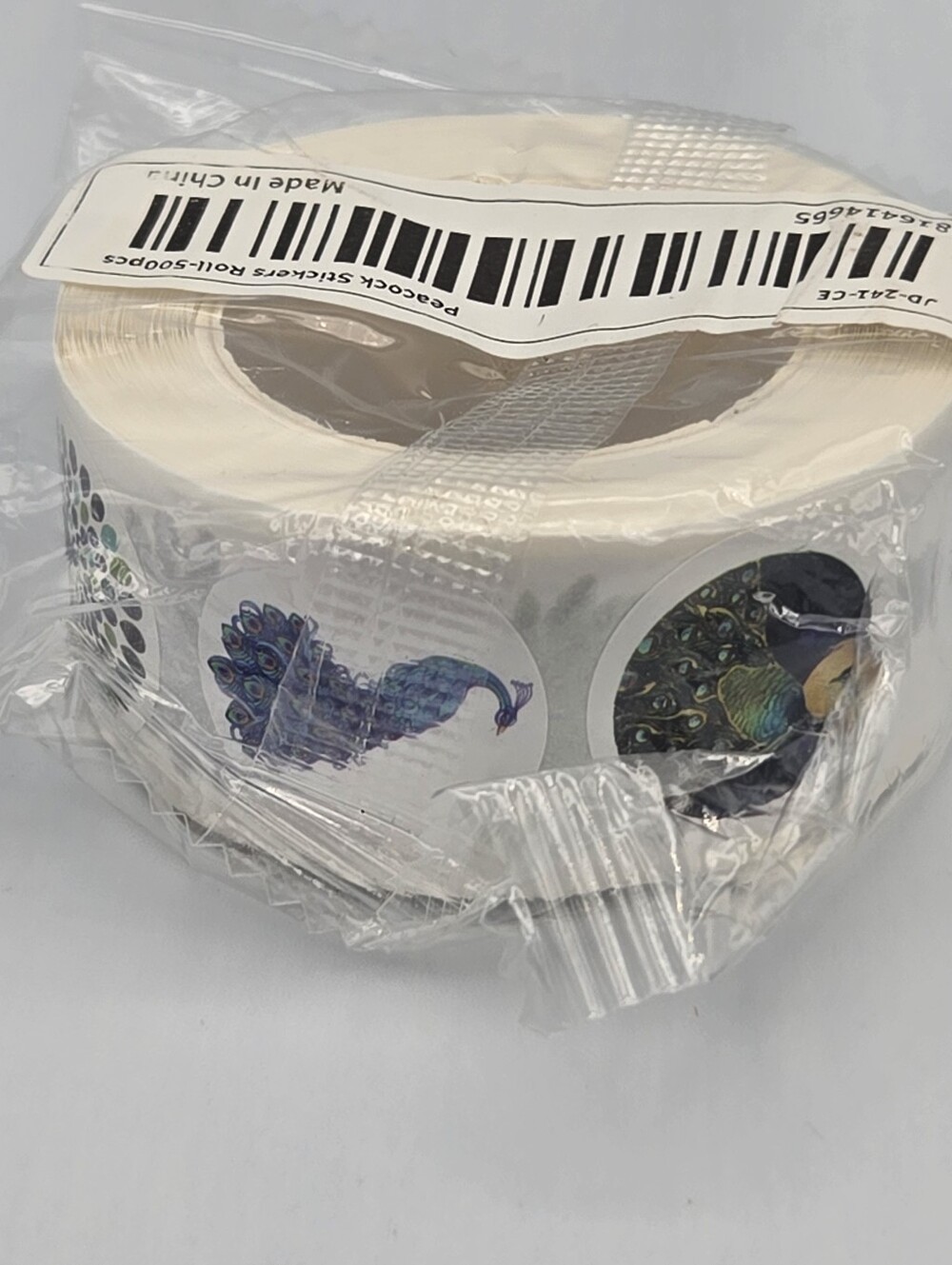 Roll Of 500 Peacock Themed Stickers Round Self Adhesive